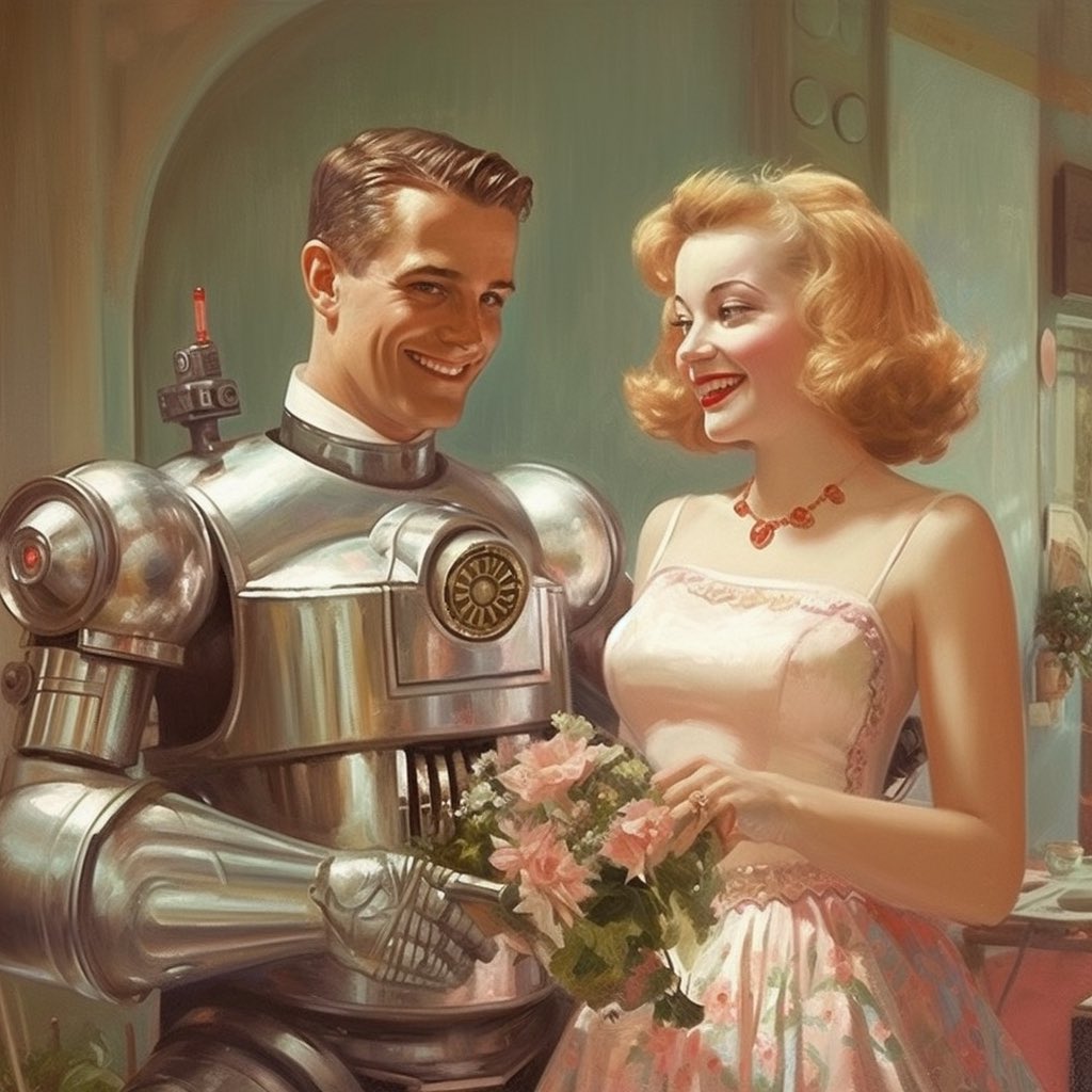 multi_variate's tweet photo. In the 60s, Lucy's robot husband, Rob, was a marvel. He cooked, cleaned, and danced the twist

She loved him dearly, but as the years went by, Rob became outdated and glitchy. Lucy considered replacing him, but couldn't bring herself to let go of the memories they shared. #aiart https://t.co/rLkwYZkS9Y