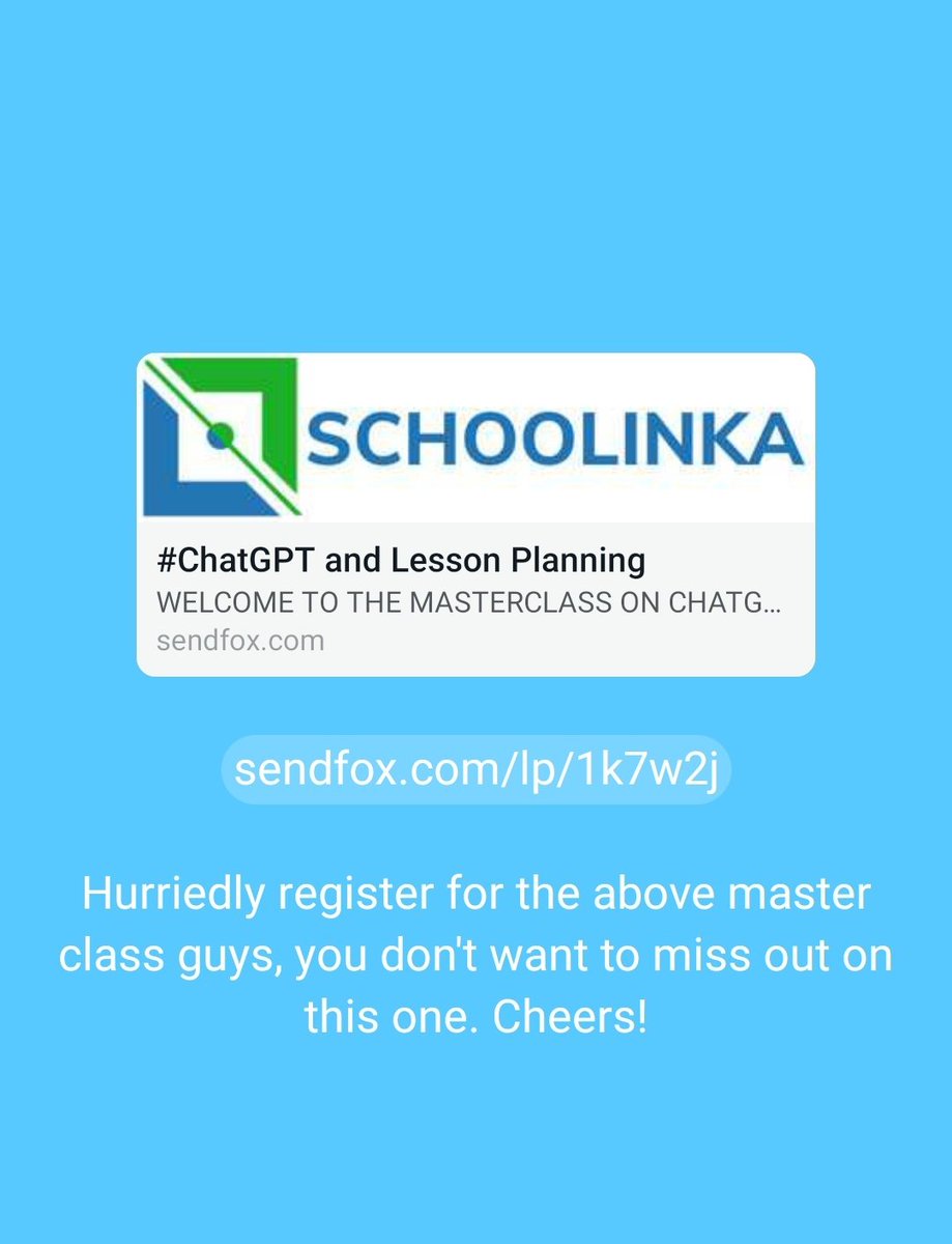 Attention all knowledge seekers! 📚🤓 Are you ready to take your learning to the next level? 🚀 Join us at Schoolinka for an exclusive ChatGPT and Lesson Planning Master Class and unlock the power of AI-based education! 🤖🧠

Sign up, link below👇🏽
sendfox.com/lp/1k7w2j