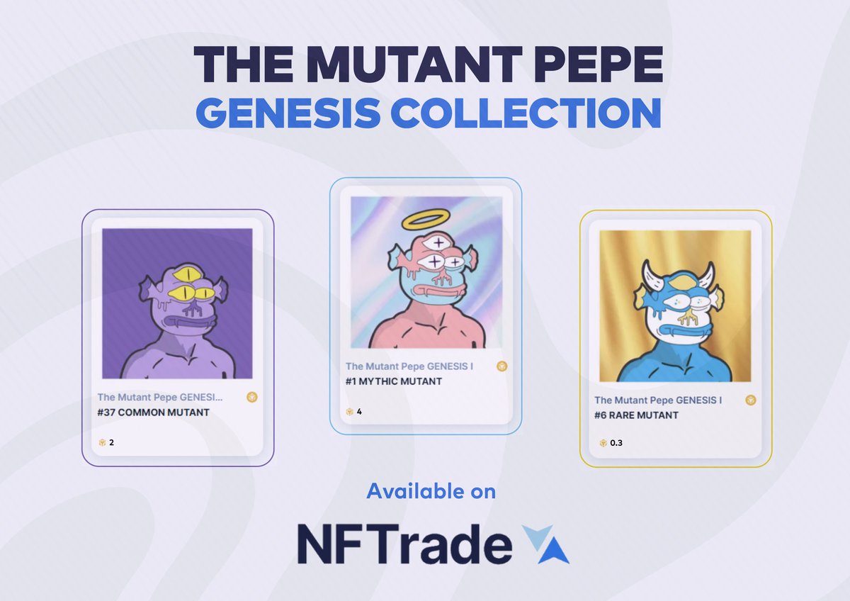 Have some great news for you all.

The $MUTANT pepe NFT Genesis Collection is now available on <a href="/NFTradeOfficial/">NFTrade</a> 

These NFTs aren’t like any other you’ve seen before. NFT holders will get rewards ranging from common to rare to mythic.

#memecoin #tothemoon #mutantpepe #1000x #NFT