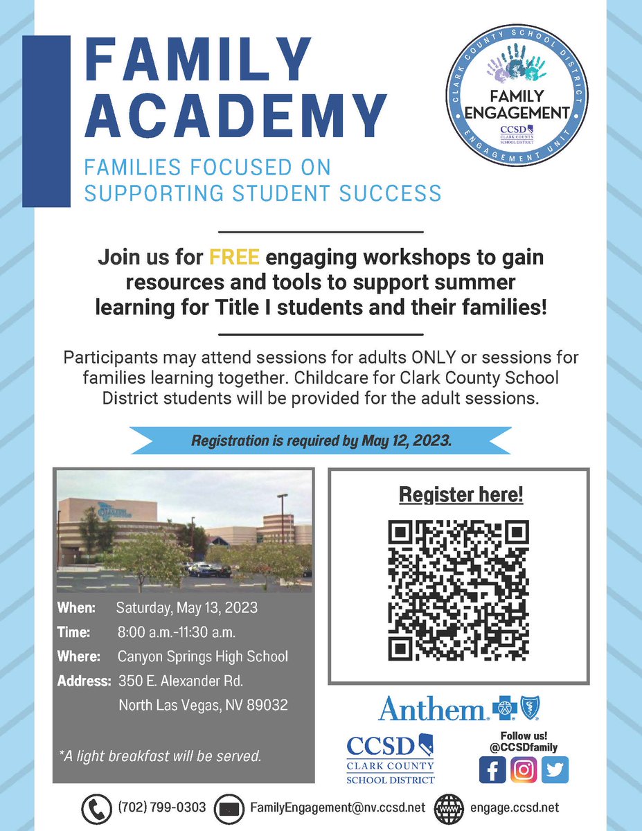 Family Academy is a great resource available for families to support summer learning! Family learning or parent/guardian-only sessions will take place May 13th from 8 a.m. to 11:30 a.m. at Canyon Springs High School. Register for Family Academy at weareccsd.net/3UQ3AxF
