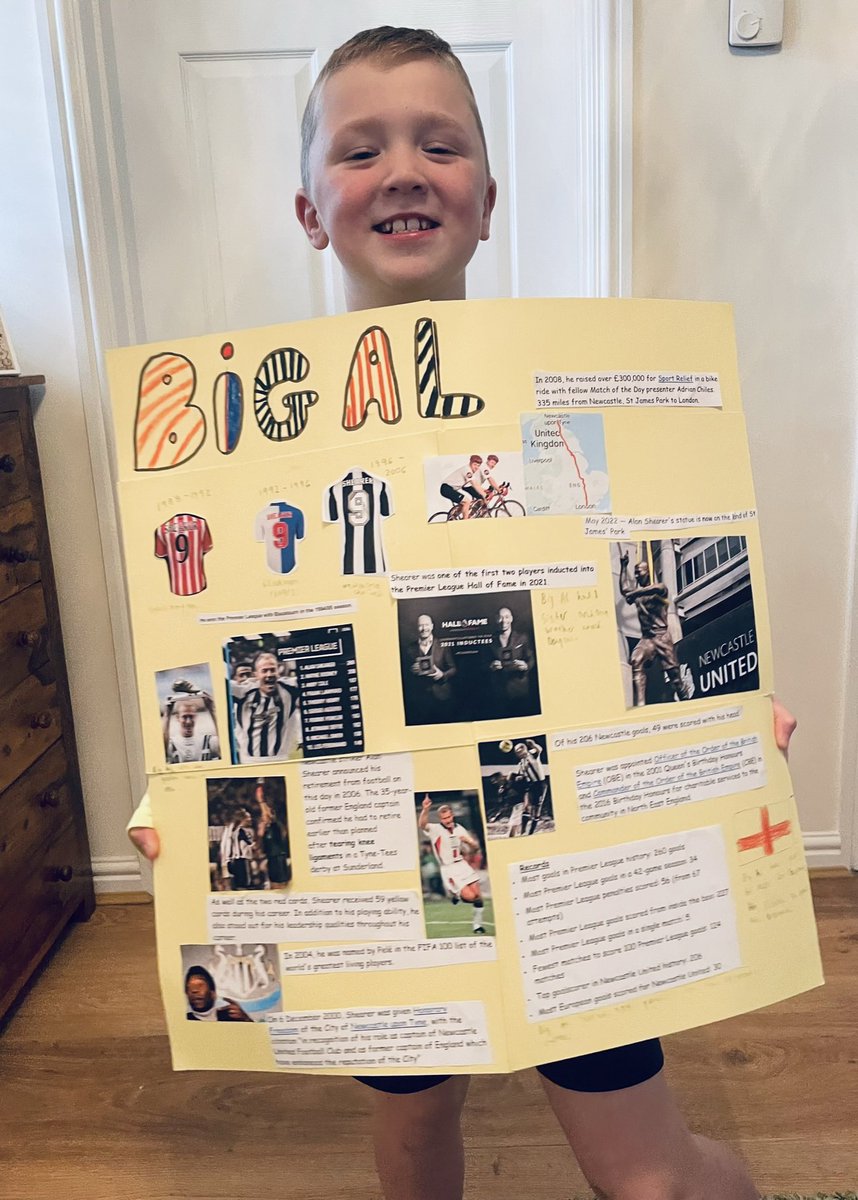 NothingDown21's tweet photo. He might be a die hard @ManCity fan, but when he had to write a biography on someone who inspires him, there was only one person he had in mind. @alanshearer BiG AL…here’s his research. #footballfan #smashingrecords #BigAl #No9 #Homework #ManCity #euro96 https://t.co/IWwBkVKfW8
