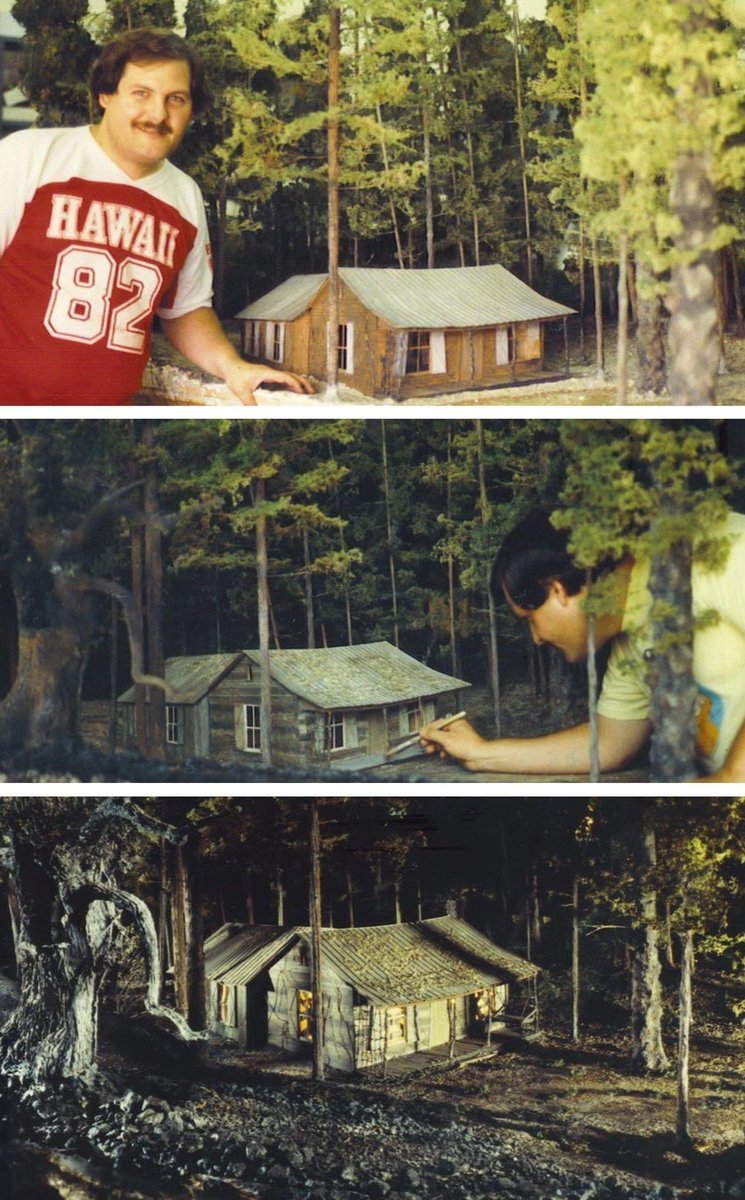 James Belohovek working on his cabin miniature used in Evil Dead 2 (1987).