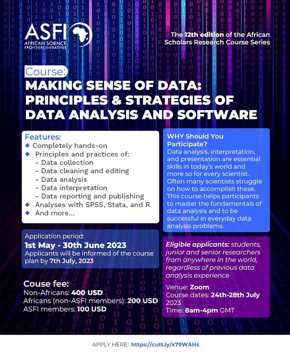 The long-awaited ASFI data analysis course is finally here.

Application has opened today and closes on 30th June 2023.

The course will run 24th-28th July 2023.

Don’t miss this opportunity.

Apply here: cutt.ly/x79WAHs

Spread the news!