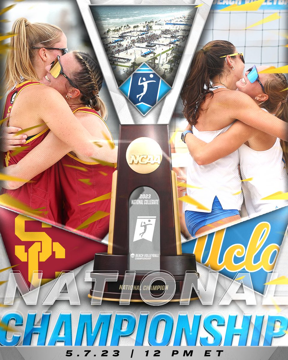 NCAAVolleyball's tweet photo. The Battle for Los Angeles takes on Gulf Shores for the National Championship 🏆

(3) @USCBeach 🆚 (1) @uclabeachvb 
⏰ 12 PM ET
📺 @espn 
📍 Gulf Shores, AL

#NCAABeachVB https://t.co/J7Z8aDPxYC