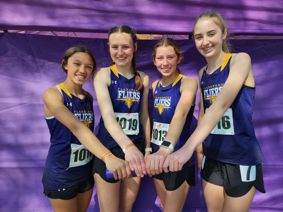 FlandreauTrack's tweet photo. SCHOOL RECORD ALERT! The sprint medley squad of Ella, Morgan, Kiley, and Faith busted a 22 year old record by 0.7 racing a 4:22.1 and earning 5th at Howard Wood. Phenomenal work, gals, and praise the Lord! #goFliers #PowerLoveSelfDiscipline https://t.co/8m49ztxXX7