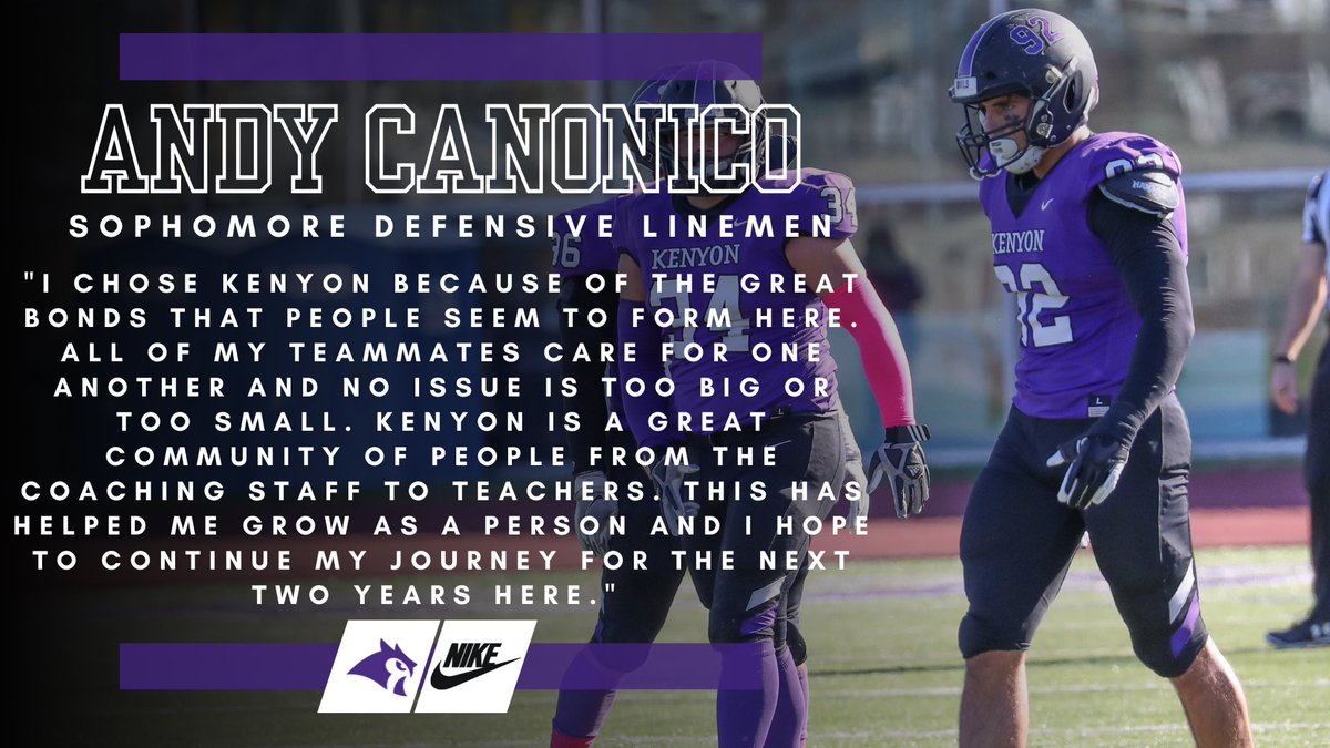 KenyonFootball's tweet photo. We asked a few of our players, Why Kenyon? Here is what DL Andy Canonico had to say. #WhyKenyon #PurpleReign https://t.co/ftBtCv3NNr
