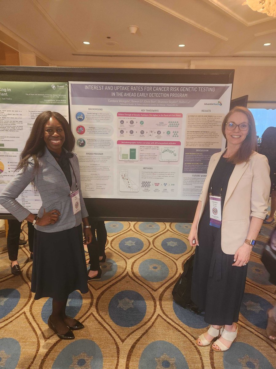 CancerIQ's tweet photo. Our partners at @AdventistHealth like Dr. Candace Westgate, DO, and Denise Gruezensky, RN, MSN, FNP are expanding access to genetic services for tens of thousands of patients through #POCTesting. Proud to see their research represented! (2/4) #COHGenomics23 #GeneChat https://t.co/DkQmsFoOzV