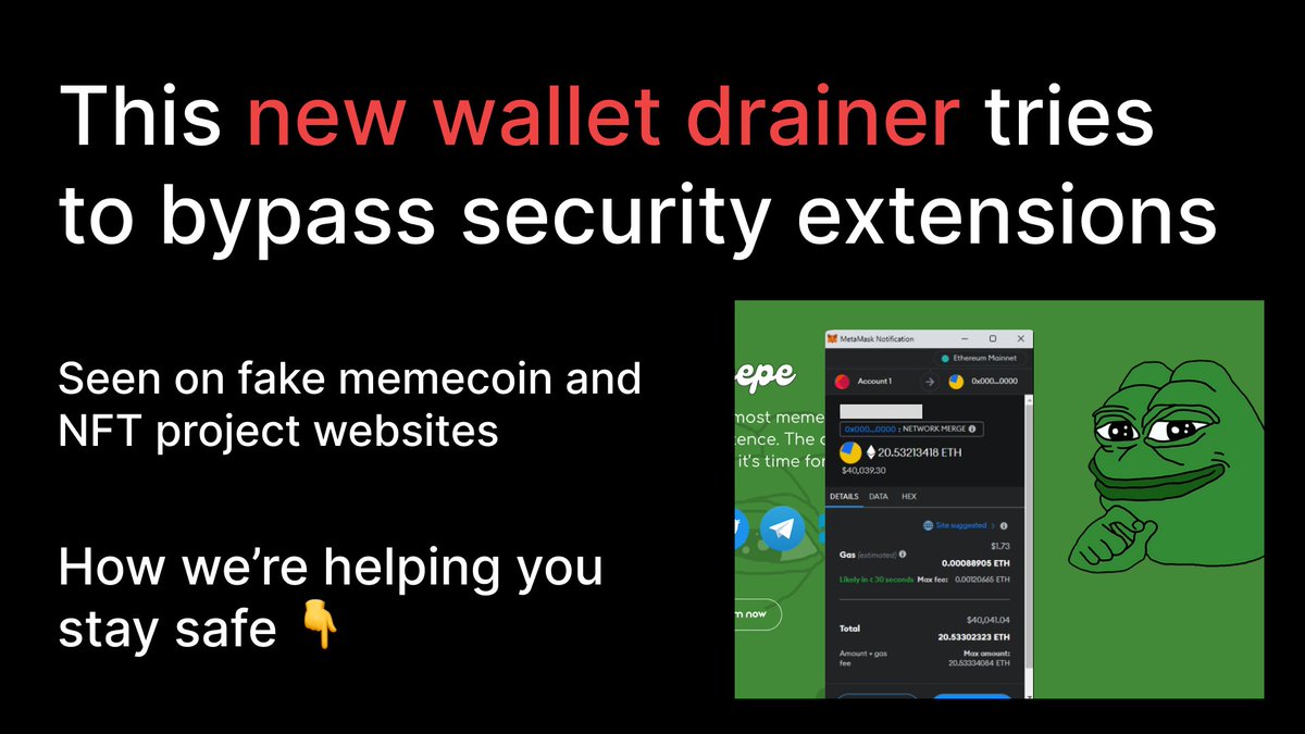 We're seeing a new type of scam that intentionally attempts to bypass security extensions like Pocket Universe.

Update to our latest version (0.1.15) so that you're protected.

Details below 👇