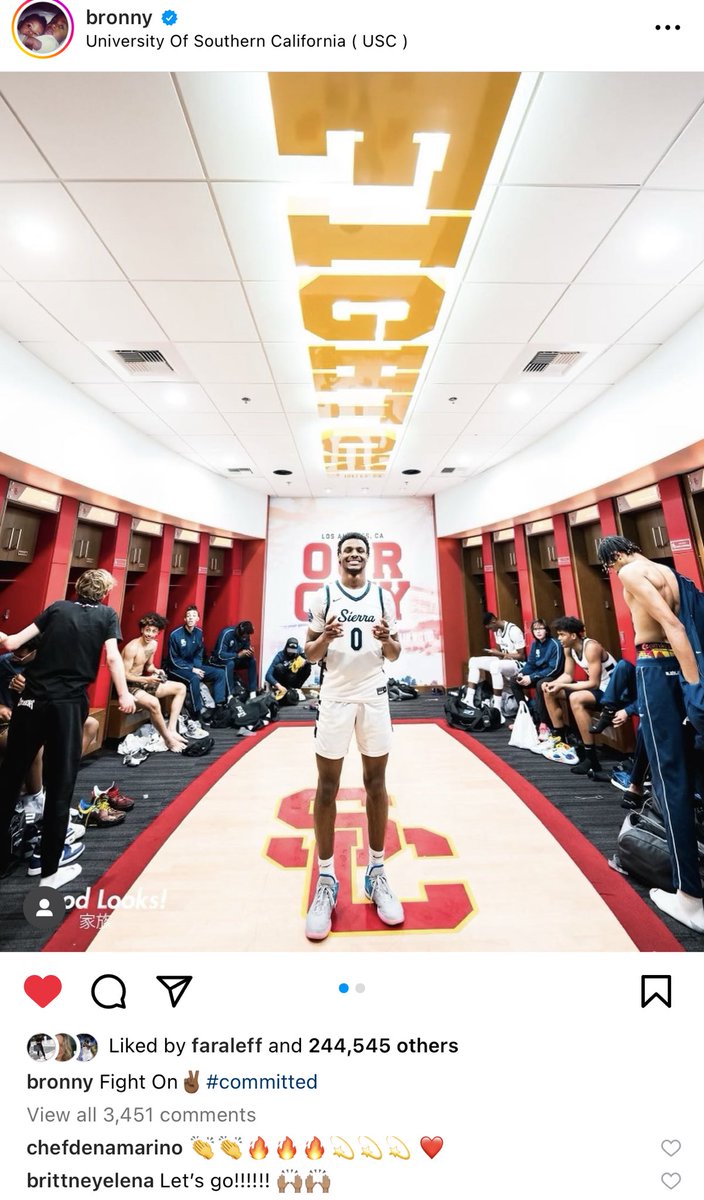 CPenIV's tweet photo. Bronny’s staying in LA.  Seen a ton of his high school games in person. Now I’ll get to follow #GoatJr for his college career. https://t.co/6tTeGFRDjA