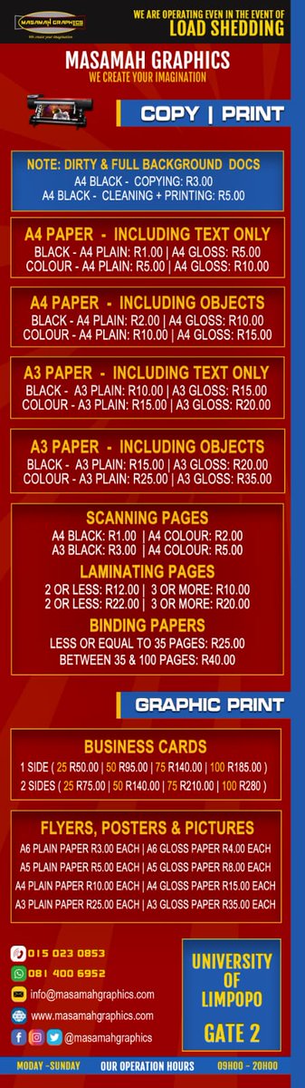 masamahgraphics's tweet photo. Dear valued customers,  we have a new and updated price list. Also,take note that we are operational even during load shedding. 
#we_create_your_imagination https://t.co/sBzM3ItOKj
