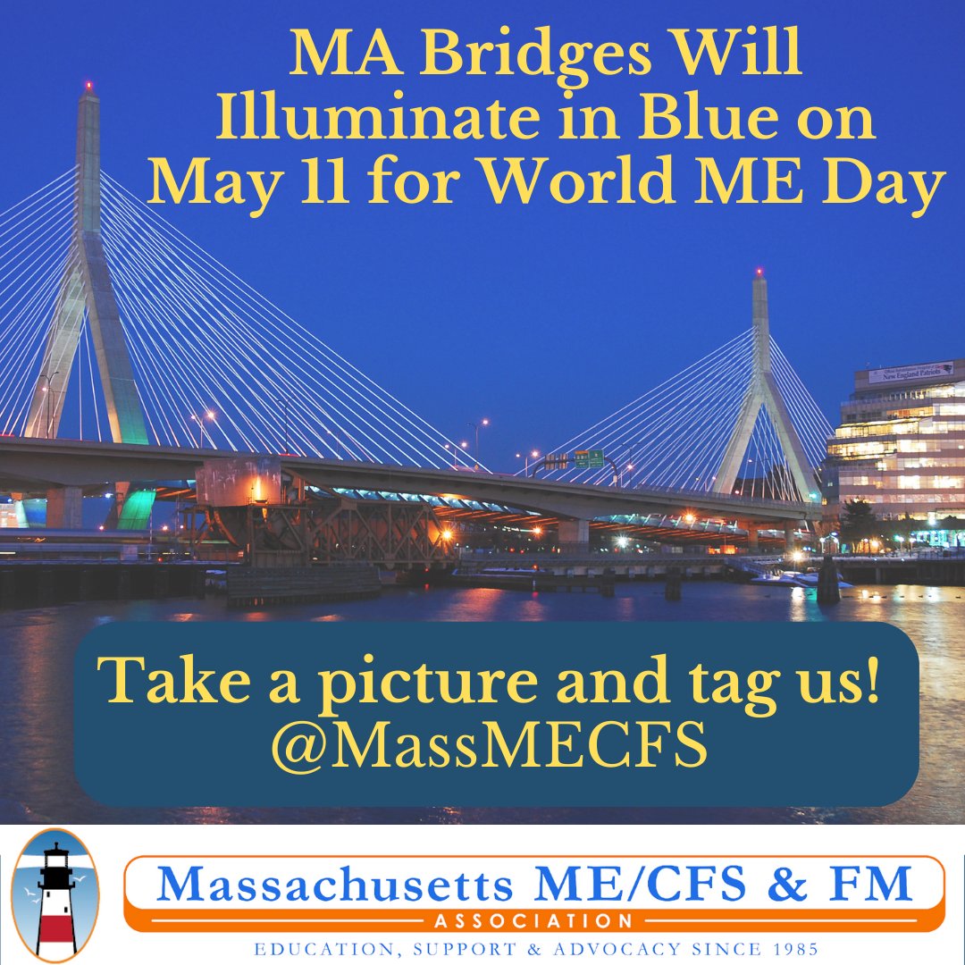 MassMECFS's tweet photo. 1/ If you're in Massachusetts  May 11 check out these "Blue Bridges"  
• Zakim Bridge Boston
• Longfellow Bridge Boston/Cambridge
• Fore River Bridge Quincy/Weymouth
• Burns Bridge Worcester
Take pictures and tag us @massmecfs
#massmecfs #mass_mecfs #worldmeday #meworldday https://t.co/NIqXYTJ1cA