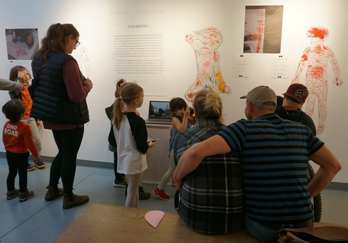 The children visiting their art exhibit with their families today! @CityofTerrace Art Gallery 'Childhoods: Becoming, Inheriting, and Unbounding Bodies' Children see their work and lives reflected in public space @EcpnBc #ece #childcarebc #Pedagogy @ECEBC1