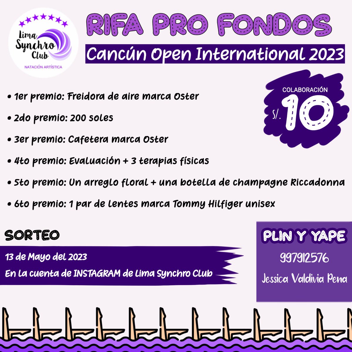Mientras el Congreso se da a bonos a sí mismo, las chicas de nado sincronizado, categorías junior y juvenil, están haciendo una RIFA para poder participar -y representar al Perú- en el Cancun Open Internacional
-10 mangos por chance
-Yape y Plin: 997912576
-Y te puedes ganar: