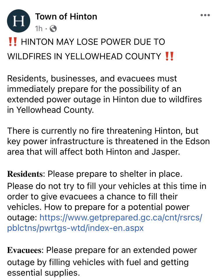 JSJamato's tweet photo. Looks like Hinton and Jasper may lose power. Can’t leave 10,000~ evacuees stranded out west, plus all those residents without power. Declare an emergency and ask for military help. #ableg #abfire https://t.co/3VyWJhf8RH