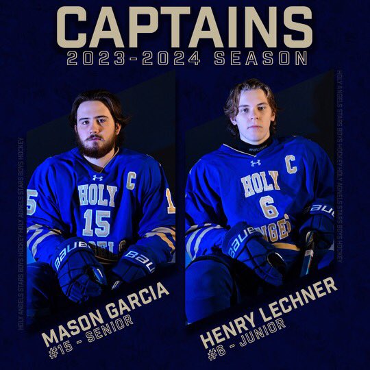 HolyAngelsPuck's tweet photo. Congrats to incoming Sr F Mason Garcia and Jr F Henry Lechner - announced today as the captains for the 2023-24 season!  #stars #poundtherock https://t.co/W1oroeCeUw