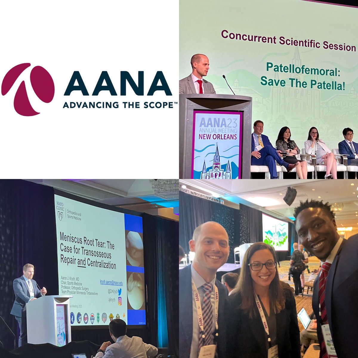 #AANA2023! Awesome to see #MayoClinic representing it for shoulder with @DoctorOkoro, saving the meniscus with @DrKrych, and a team #PatellofemoralAward. In parallel, we had research fellows and residents with podium presentations spanning from #AANA in NOLA to #MOS in MPLS.