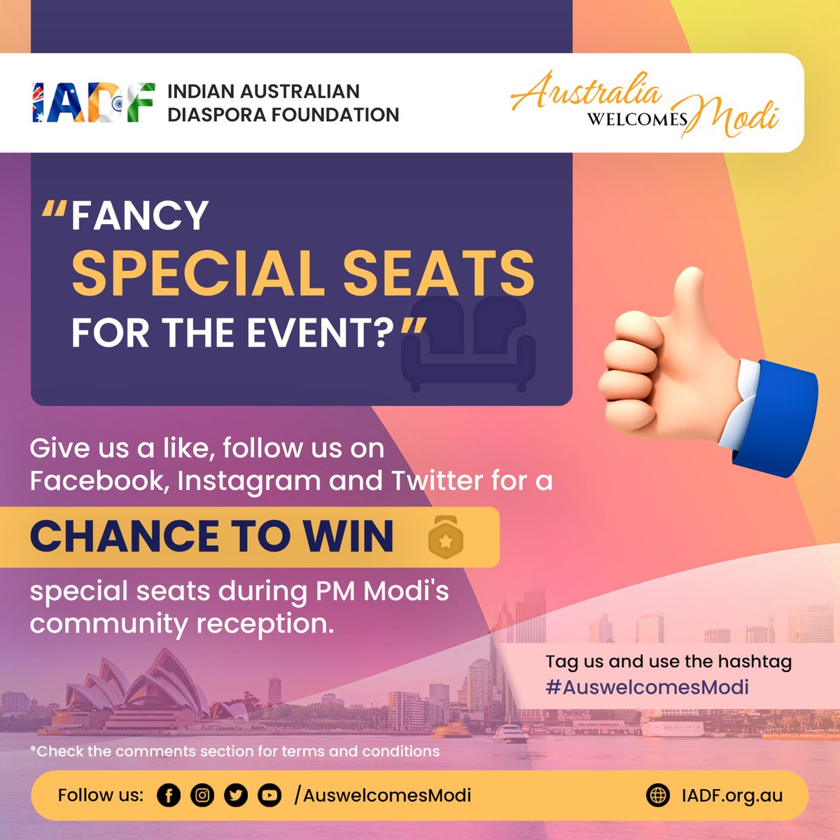 AuswelcomesModi's tweet photo. Want special seats to watch PM
@narendramodi
up and close? Follow us on twitter, facebook or instagram and tag us with #AuswelcomesModi for a chance to win special seats in the community reception. https://t.co/dlDwkaPQ0W