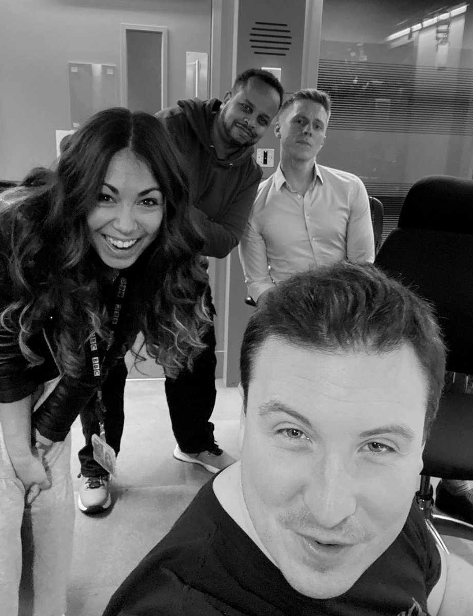 DJChrisBerrow's tweet photo. News squad taking over the Newsroom 🎙️ ☕️ 

@danielleonradio @TemesghenD @GarethBarlow 

Some great poses at 5am 💅 https://t.co/DmNWSOfx59