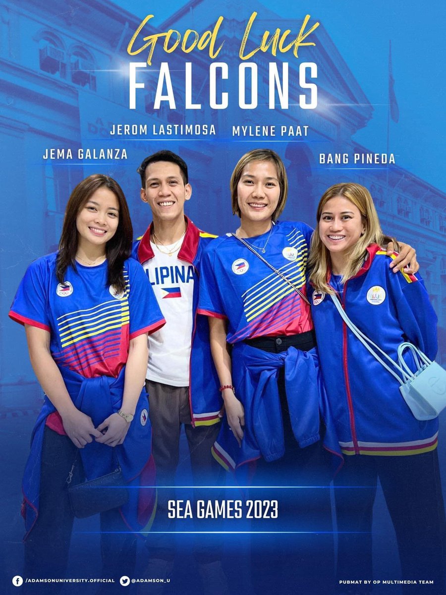 adufalconista's tweet photo. ADAMSON PRIDE! 💙🇵🇭
Jema Galanza, Jerom Lastimosa, Mylene Paat, Bang Pineda 💙 

📸: Adamson University FB page
pubmat by OP Media Team
#SEAGames2023 https://t.co/4TNiIwod4z