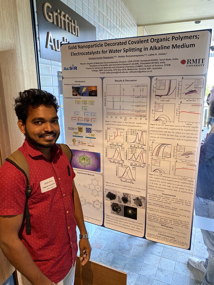 Rajagopal, PhD student in the #AcSIR-#RMIT joint PhD program, presenting his work on Covalent Organic Polymers for electrocatalysis at the @RACIElectrochem Australasian Electrochemistry Symposium at #GriffithUni #23AES