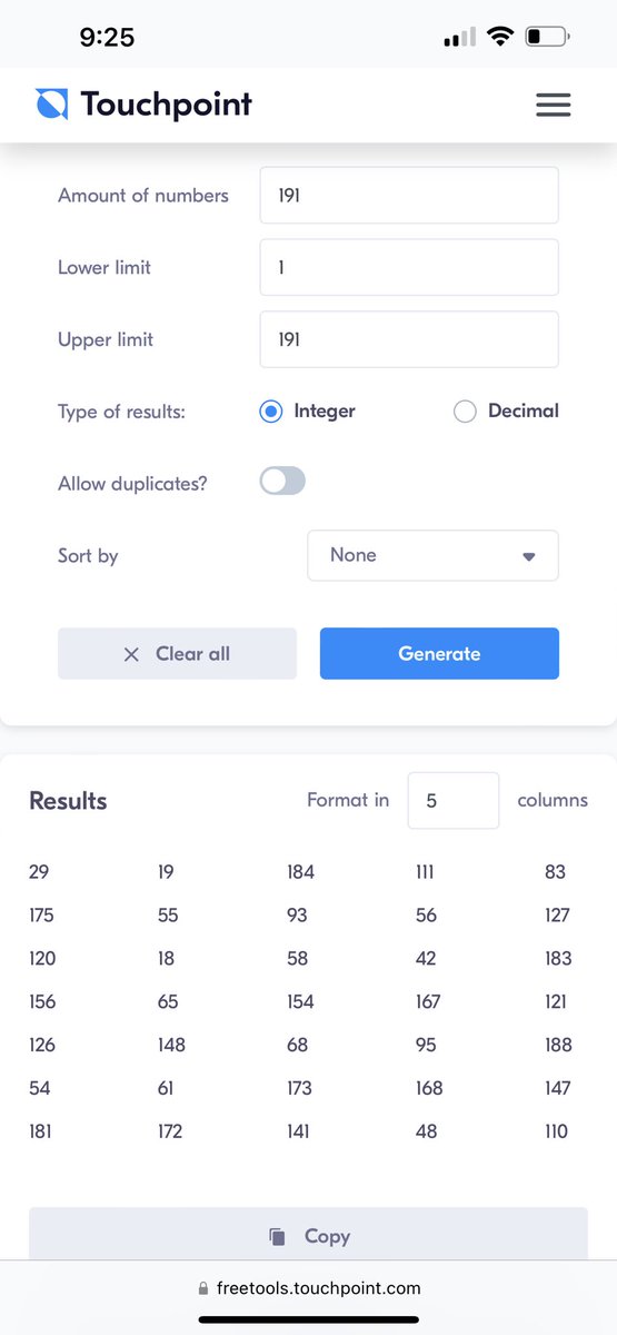 KITTYCATALERT's tweet image. #RandomNumberGenerator does anyone know of a good random number generator that can let me edit rows and Columns /no duplicates numbers ? I can’t find one online . Basically I have a total of 191 numbers but want to be shown only 75 . 15 rows of 5 to be specific. Thank you