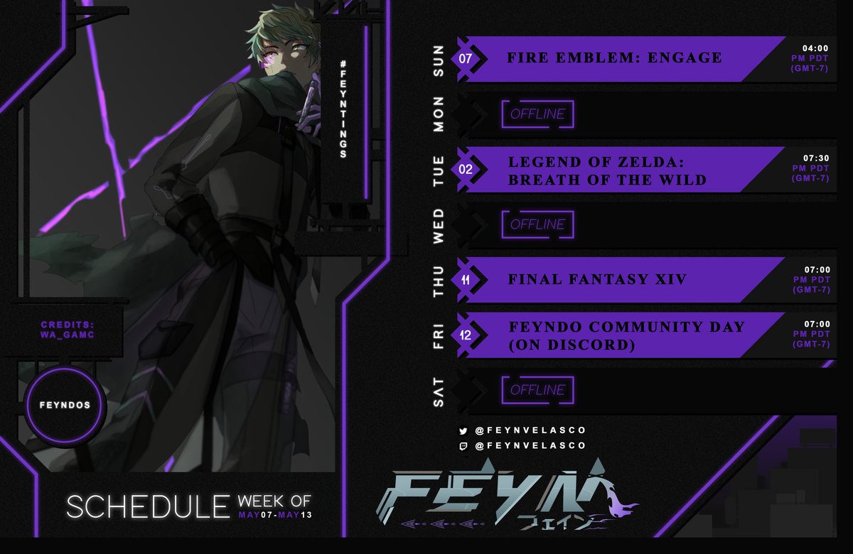 FeynVelasco's tweet photo. ↣ Schedule for 05/07 - 05/13
- More FE: Engage story - 5 more chapters! ⚔️
- More exploring in BOTW! 🐎
- Trying out FFXIV! 💎
- Community game day in my discord! 🎮

Come hang &amp; vibe with the Feyndos! 💜
#Vtuber #VTuberUprising #ENVtuber https://t.co/NFUHoj0xqN