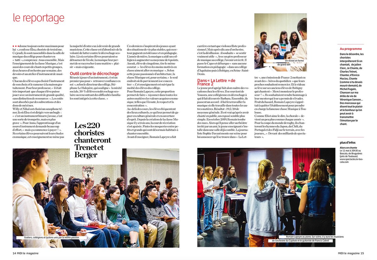 « Ils répètent le concert de leur vie … » Concert événement « Alors on chante ! » le jeudi 11 mai <a href="/LeBascala/">Le Bascala</a> de Bruguières. Merci @MIDI_mag pour ce beau reportage !🎶 #choeursurson31 #EAC <a href="/actoulouse/">Académie de Toulouse</a> <a href="/MostafaFourar/">Mostafa Fourar</a> <a href="/DSDEN31/">DSDEN 31</a> <a href="/DAACToulouse/">DAAC Toulouse</a> <a href="/MusiqueToulouse/">Education musicale - Toulouse</a> <a href="/AArdemus/">Association A.R.D.E.MU.S</a> <a href="/HauteGaronne/">Haute-Garonne</a>