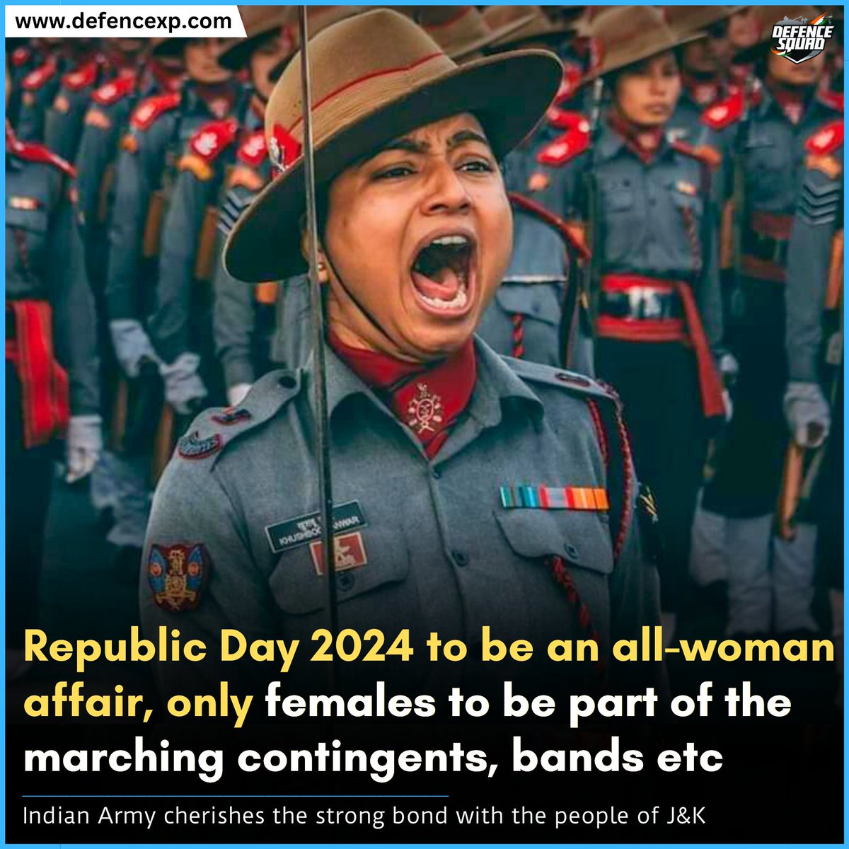 Defence_Squad_'s tweet photo. Amid a major effort to promote female participation in military and other sectors, the Republic Day 2024 parade will see participation only by women in march pasts by forces, tableaux and performances.

#IndianArmy #IndianNavy #IndianAirForce #RepublicDay2024 https://t.co/HnR3JeZGpS