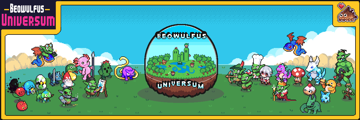 Eu fiquei apaixonado e orgulhoso do novo banner que montei pro meus sociais ❤️

[ENG] I'm in love and proud of my new Banner ❤️

#pixelart #gamedev #gameassets #pixel #creatures #monsters