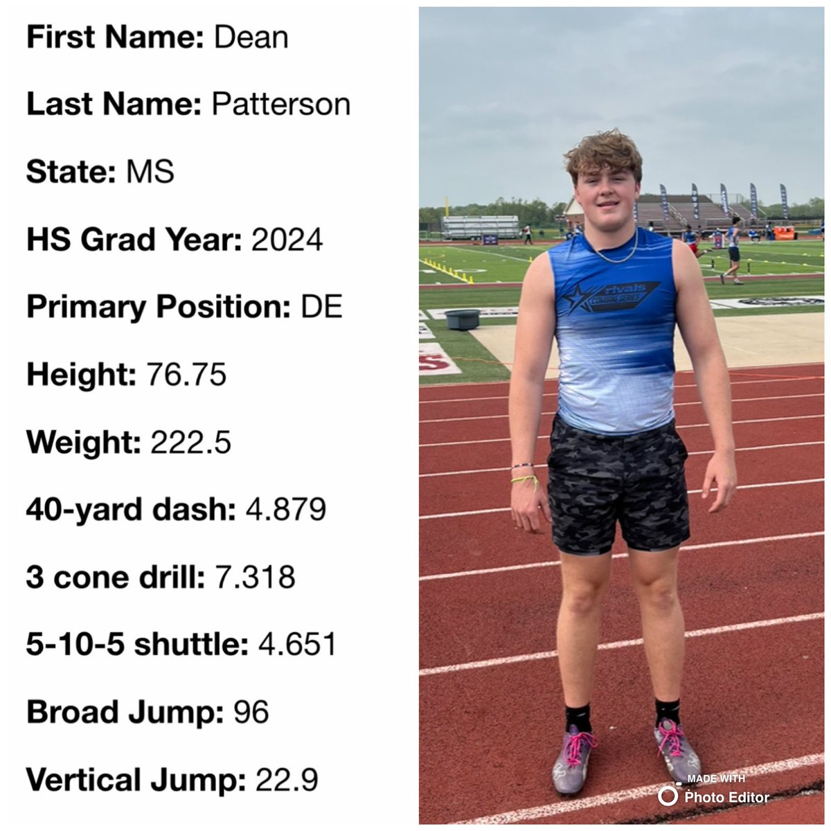 DeanPatterson0's tweet photo. Had a great time at the rivals combine. Here are my results!
@ErikRichardsUSA @TnVarsity @PrepRedzoneMS @ArRecruitingGuy @247Sports @CSmithScout @CoachGold57 @CoachMoeBU @CoachMort57 @Coach_TDavis @JohnLangFB @CoachRuggles @coachfrazierOB @dyar2467 @joemoreno_USM @NathanBrownUCA https://t.co/HOnnfDBXmT