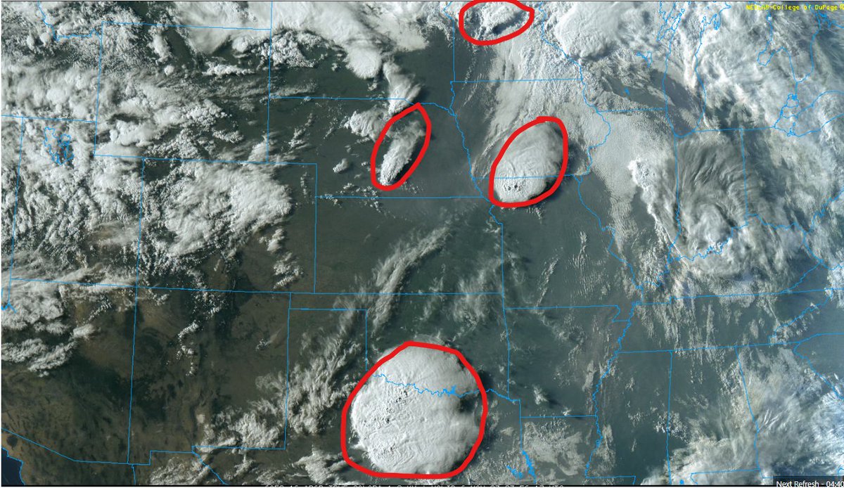 Pretty damn cool visible satellite image today across 4 areas of severe weather.

Texas hailers

Nebraska/South Dakota landspouts

Minnesota photogenic tornadoes

Missouri structure shots/hailers. https://t.co/m2lip3PJZg