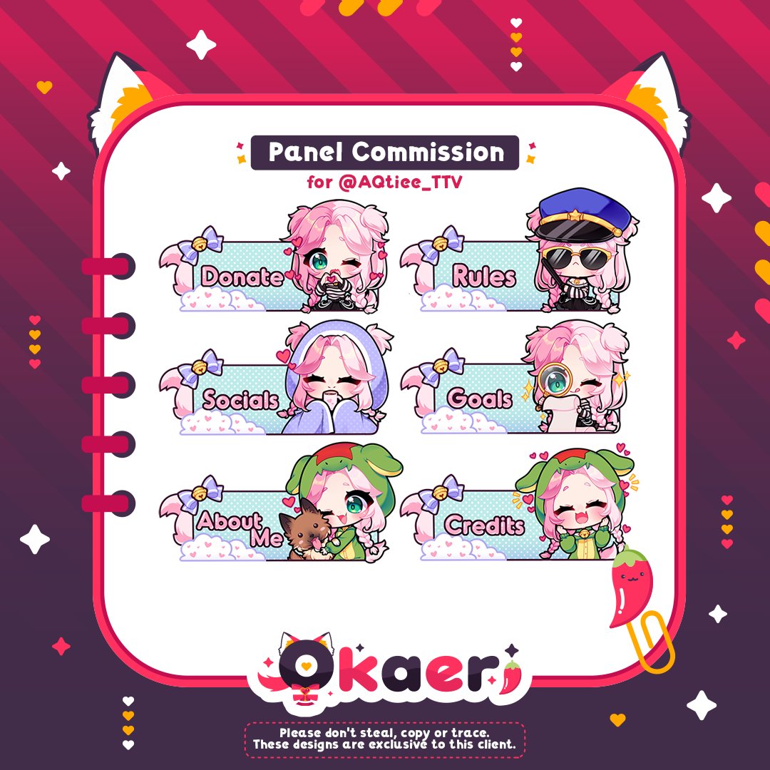 ♡ |  Twitch Panel Commission | ♡    

╭  →  Client: ❝ @AQtiee_TTV ❞
┊♡ ‧₊˚  
╰ → Thank you so much for commissioning me!  / / ♡     

─── ∘°∘♡∘°∘ ─── 

#twitch #twitchpanels #panels #Vtuber #VtubersUprising #emoteartist #cute #kawaii #QtieeArt