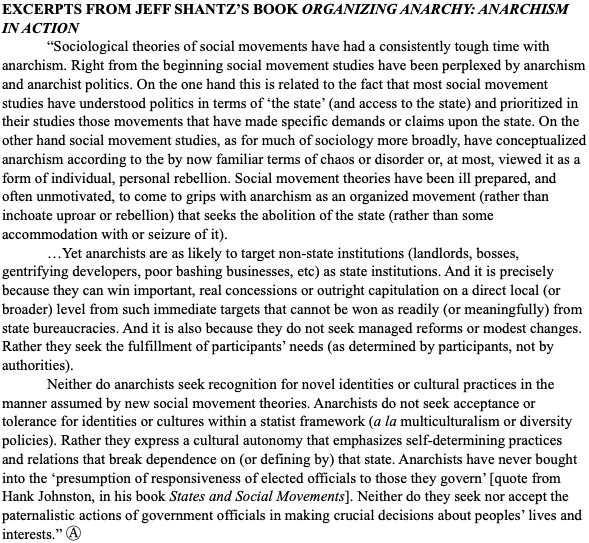 ContraryTerry's tweet photo. #JeffShantz, in his book #OrganizingAnarchyAnarchismInAction, explaining why anarchism (as anti-state social movements) is typically misunderstood by social movement theorists (who are pro-state, and see negotiation with ‘the state’ as the only path of social movements). Ⓐ https://t.co/v7qW7p897m