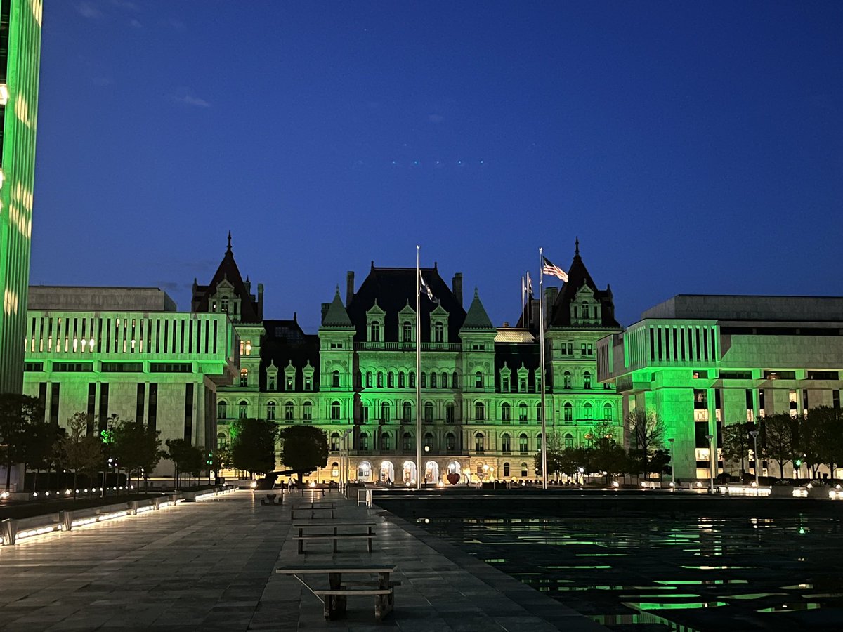 jillkonopka's tweet photo. Tonight the Empire State Plaza, NYS Capitol building, State Education Building & Alfred E. Smith building are glowing green for @ArthritisFdn 75th anniversary๐ May is National Arthritis Awareness month. #75YearsOfProgress #WeJourneyTogether https://t.co/P0Av6aczZJ