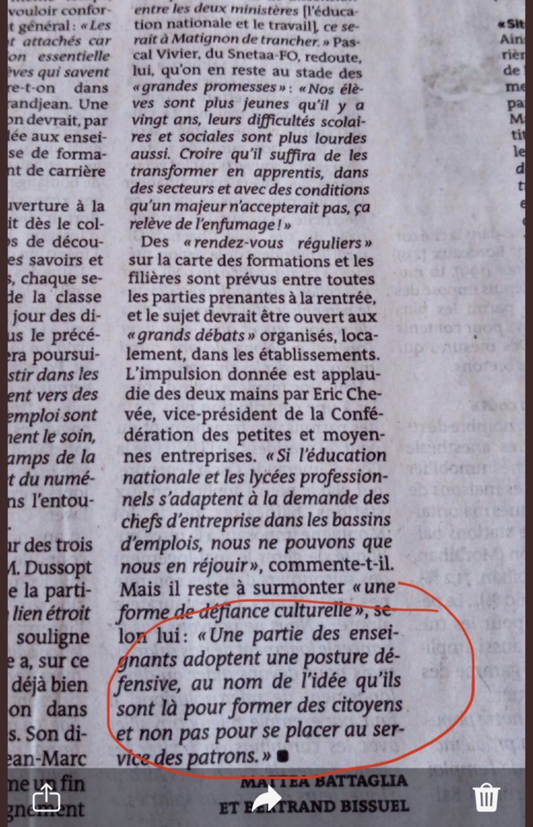 Là où nous voyons de futurs citoyens, il conviendrait de voir de futurs travailleurs. Un changement de paradigme pour l’école que mettait en avant cet article du Monde en juillet 2022, avec une redéfinition du métier d’enseignant en #LyceeProfessionnel énoncée sans ambages. 
2/2