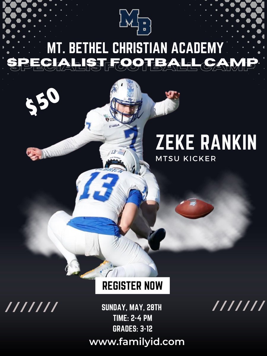 Zeke Rankin (@rankinzeke) on Twitter photo Super excited to have a kicking camp this summer <a href="/MBCA_Football/">Mt. Bethel Football</a> in Atlanta.
May 28th 2-4 PM
Signup at familyid.com
Come out, get better, and COMPETE‼️ Super excited to have a kicking camp this summer <a href="/MBCA_Football/">Mt. Bethel Football</a> in Atlanta.
May 28th 2-4 PM
Signup at familyid.com
Come out, get better, and COMPETE‼️
