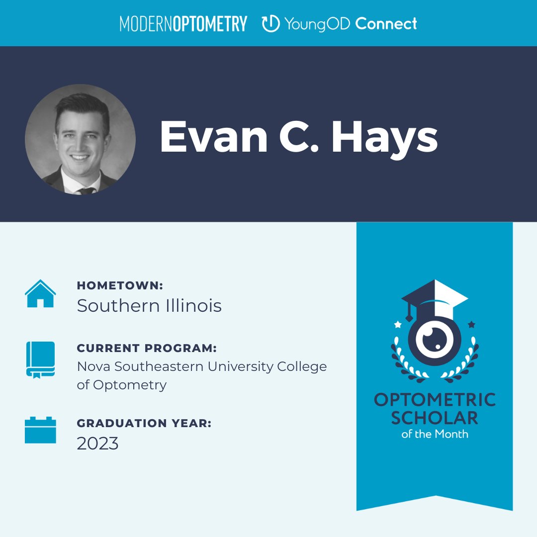 ModOptometry's tweet photo. "I plan to open my own practice and highlight underserved specialties. My goal is to cover pediatrics, glaucoma, contact lenses, and dry eye."
Hear more from our latest #Optometric Scholar, Evan Hays: https://t.co/nTaPSJtGhc https://t.co/vIAjr6wodW