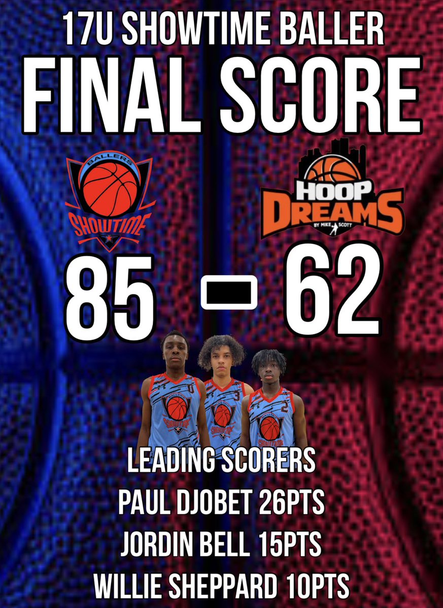 Showtime Ballers 17U defeated Kentucky Hoop Dreams 85-62 led by 6’6 <a href="/PDjobet/">Paul Djobet</a> 26pts 5ast 6’3 <a href="/Jordinbell_/">Jordin Bell 🎯</a> 15pts 6’ <a href="/Lilwill2024/">Willie Sheppard</a> 10pts <a href="/OntheRadarHoops/">Shun Williams</a> Rocky Top Invitational
