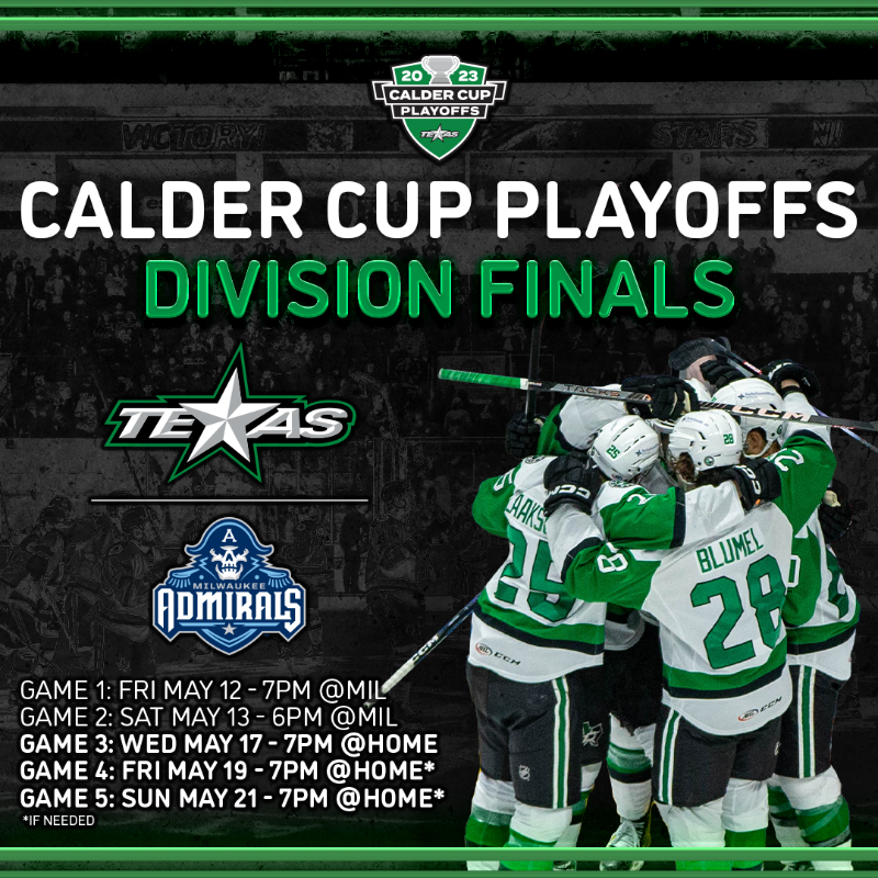 TexasStars's tweet photo. The Central Division Finals are SET! We will face the Milwaukee Admirals starting on Friday, May 12th in Milwaukee.

More 👇