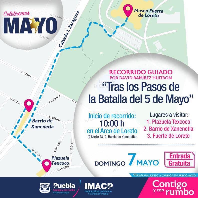 Ven "Tras los pasos de la Batalla del 5 de Mayo" en un recorrido guiado. 🕵️‍♀️

🗓️ Domingo 07 
⏰ 10 horas 
📍 Inicia en el Arco de Loreto 

#ContigoYConRumbo promovemos Puebla.
