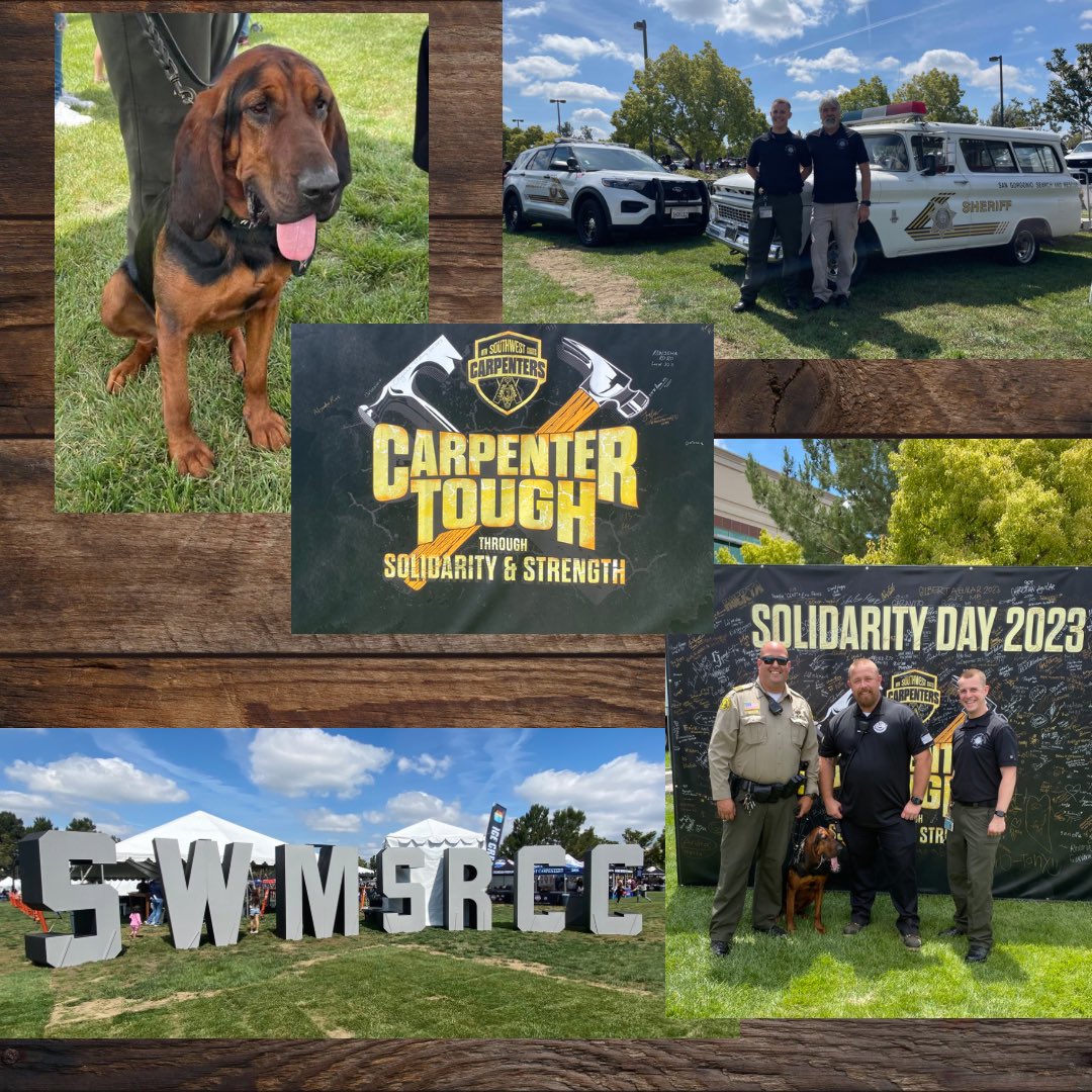 SBCSDtmabry's tweet photo. It was a privilege for @sbcountysheriff to be invited to @SWMSCarpenters Solidarity Day. Amazing to see Carpenters from several states wearing their local union shirts with pride. Thank you @RanchoPD for bringing out Keva. https://t.co/qsxcqxqIRB