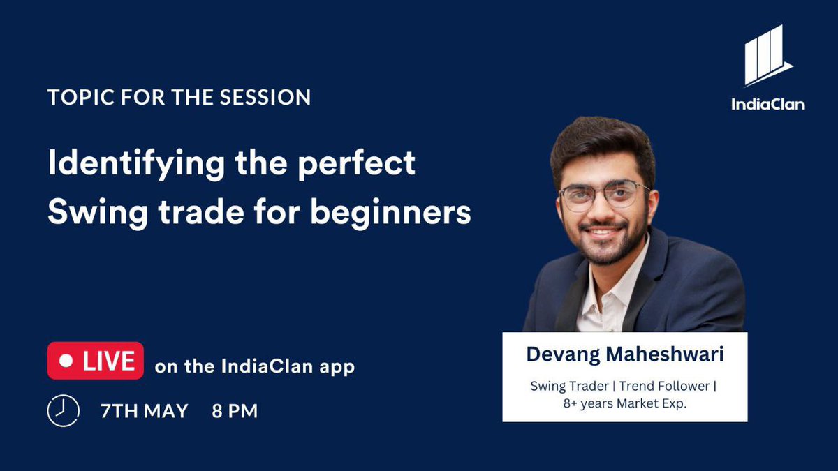 equialpha's tweet photo. Coming today live at 8 PM on @indiaclan app on topic

Swing trading for beginners 

Mark your time 🕰️ https://t.co/RYWzafjYMt