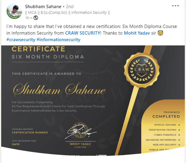 crawsec's tweet photo. Congratulations Mr. Shubham Sahane, Keep learning and growing more!  #crawsec #cybersceurity #hackng #informationsecurity #ethicalhacking #training #learning #certification #infosec #lifeatcraw https://t.co/W4UkLnFFTa