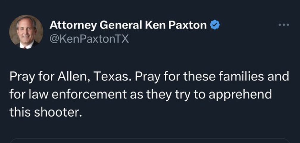 grantstern's tweet photo. Gun violence is so prevalent in Texas that their felony indicted Attorney General just ran out of Thoughts to go with his empty Prayers for the victims of the Allen Premium Outlets mass murder. https://t.co/GVEnuTsFh7