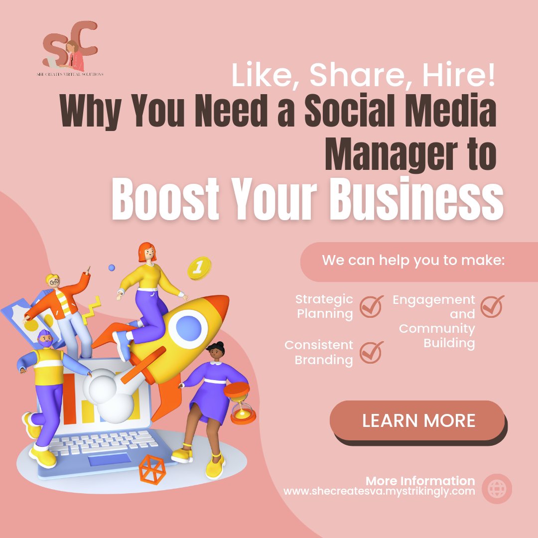 shecreatesva's tweet photo. Hey fellow business owners! Tired of feeling overwhelmed by the ever-changing world of social media? A social media manager is here to save the day!Say goodbye to social media stress and hello to success! Contact us for a free consultation today. #socialmediamanager https://t.co/3217v9PilQ