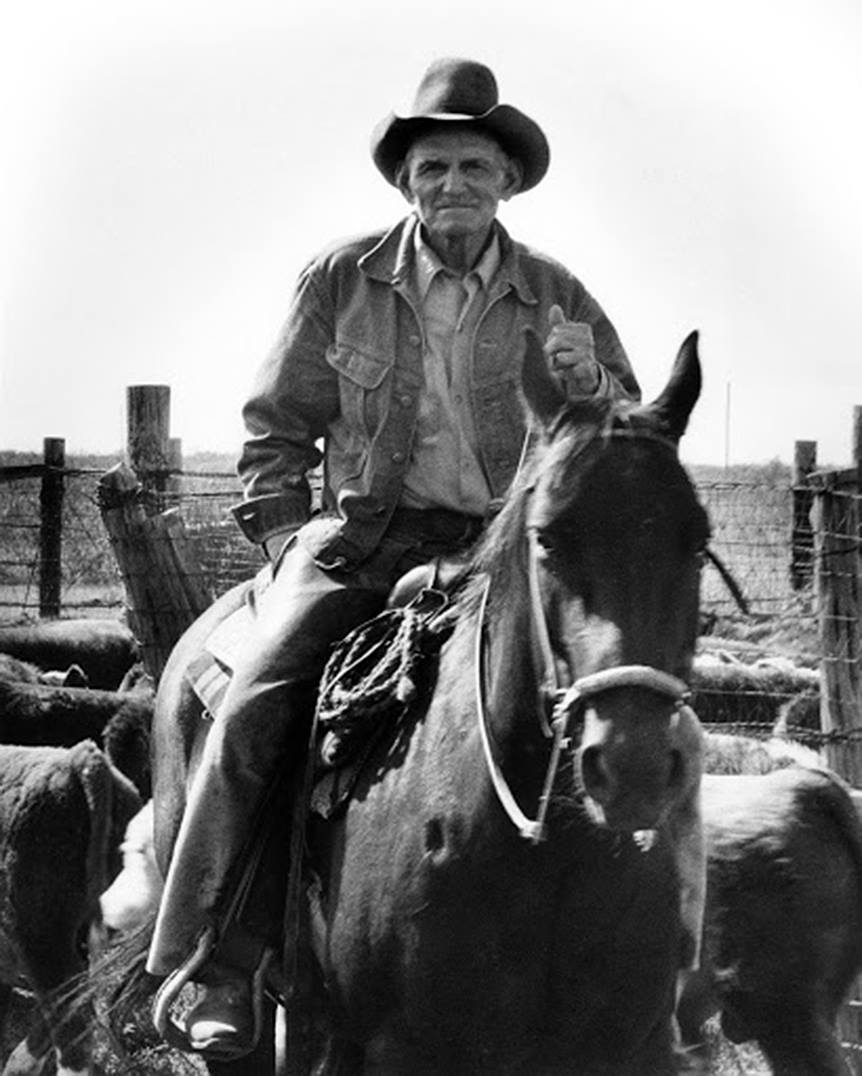 TracesofTexas's tweet photo. Legendary Panhandle cowboy Tom Blasingame, who was born in Waxahachie in 1898. He rode his first horse at the age of six.  At ninety-one, he was still on the job at the JA Ranch south of Amarillo. Two days after Christmas in 1989, he dismounted his horse, Ruidosa, stretched out on the grass, folded his arms across his chest, and died.

Photo courtesy the JA Ranch, where Tom worked for 73 years