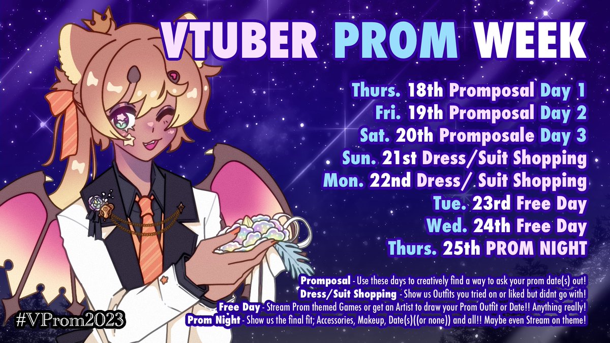 DoodlesPrince's tweet photo. Itsss Prom Season!! So Im inviting all Vtubers to participate in Prom Week! POST, STREAM, COLLAB, ENJOY! the prom season, whether its just you & your fancy fit, or together with others, platonic or romantic!! Lets partake in the fun!
#VtubersUprising #Vprom #VProm2023 #ENVtuber https://t.co/7oOlDJhAI1