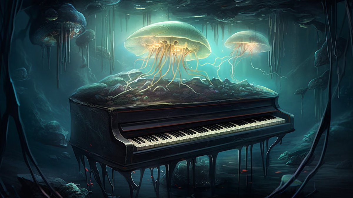 jen_a_i_'s tweet image. Look what I found omg love exploring #midjourney #exploringai #piano #jellyfish #underwater 
#jenninexusai