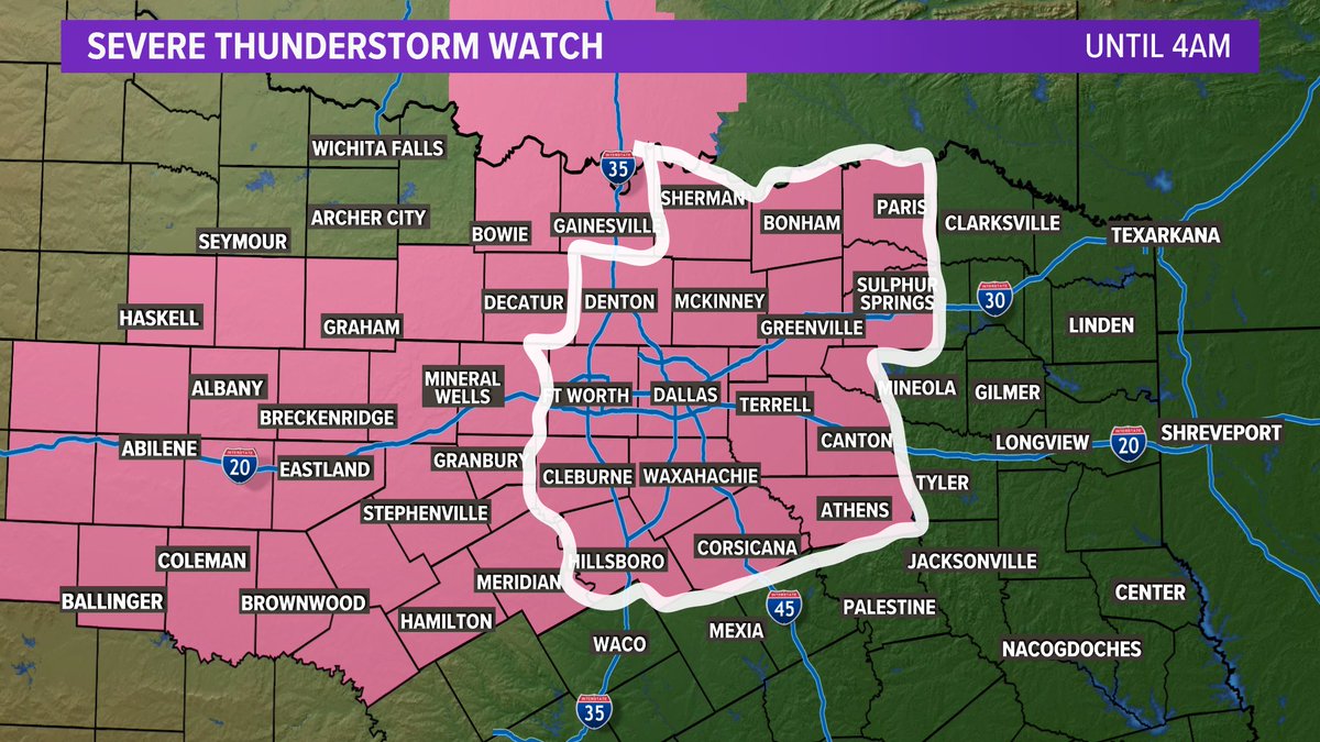 wfaaweather's tweet photo. The circled area has been added to the severe thunderstorm watch which will expire at 4am. The western half of NTX remains under the original watch which expires at 11pm. #wfaaweather https://t.co/HI6lAJgMpe