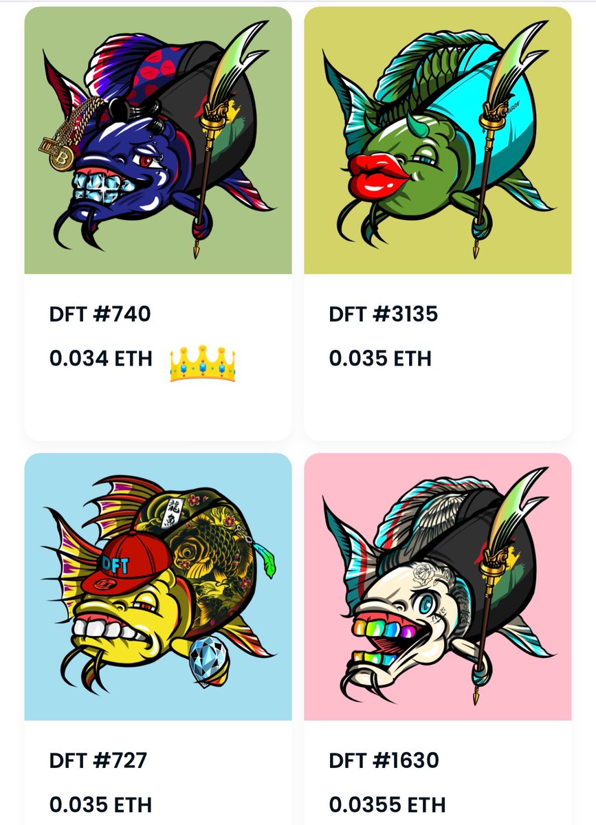miner_ca's tweet photo. 🐡本日のDFTフロア価格発表!🐡
　　　🌟0.034eth！🌟
　　
　　　👑の魚はお得��も〜！
　　　
今日も#chokkaku_mooooooon🚀
#BuzzDFT #DFT #DFTSW
⬇️DFT購入リンク⬇️
https://t.co/03CLPAUO7l https://t.co/0wDA1eimzh